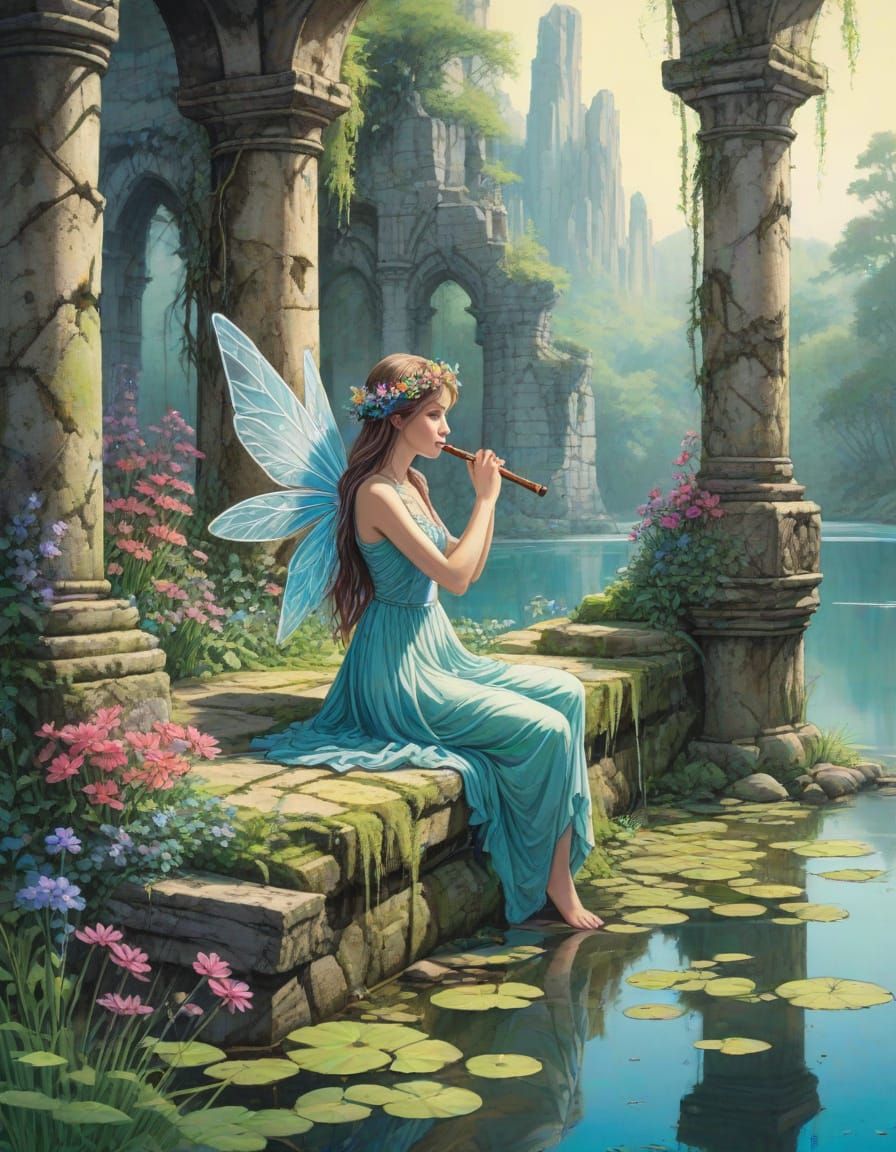 Whimsical Fairy Serenade in Ancient Ruin