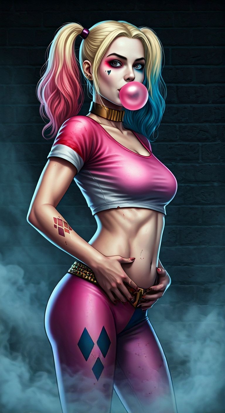 Harley Quinn Blowing Bubble Gum in Comic Book Style