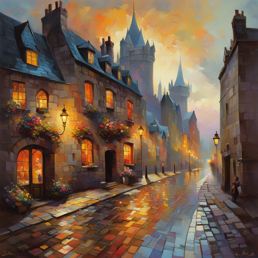 A Charming Medieval Street Scene at Sunset