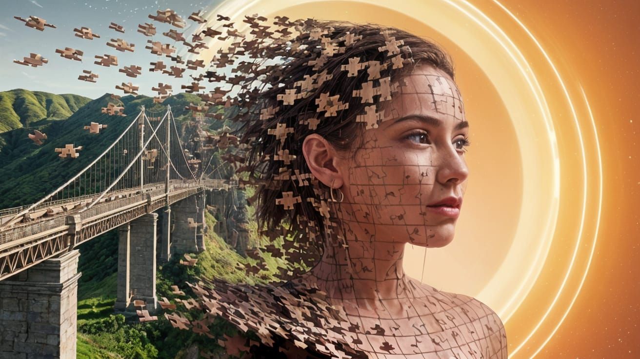 Ethereal Bridge Dissolves into Vibrant Puzzle Pieces in Digi...