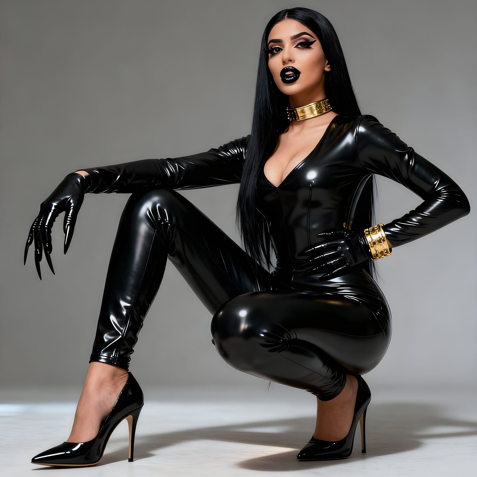 Stunning Arabian Beauty in Black Latex, Hyperrealistic Portr...