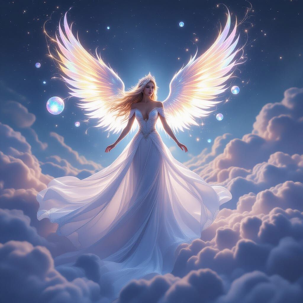 Celestial Queen Floats Above Clouds in Ethereal Light