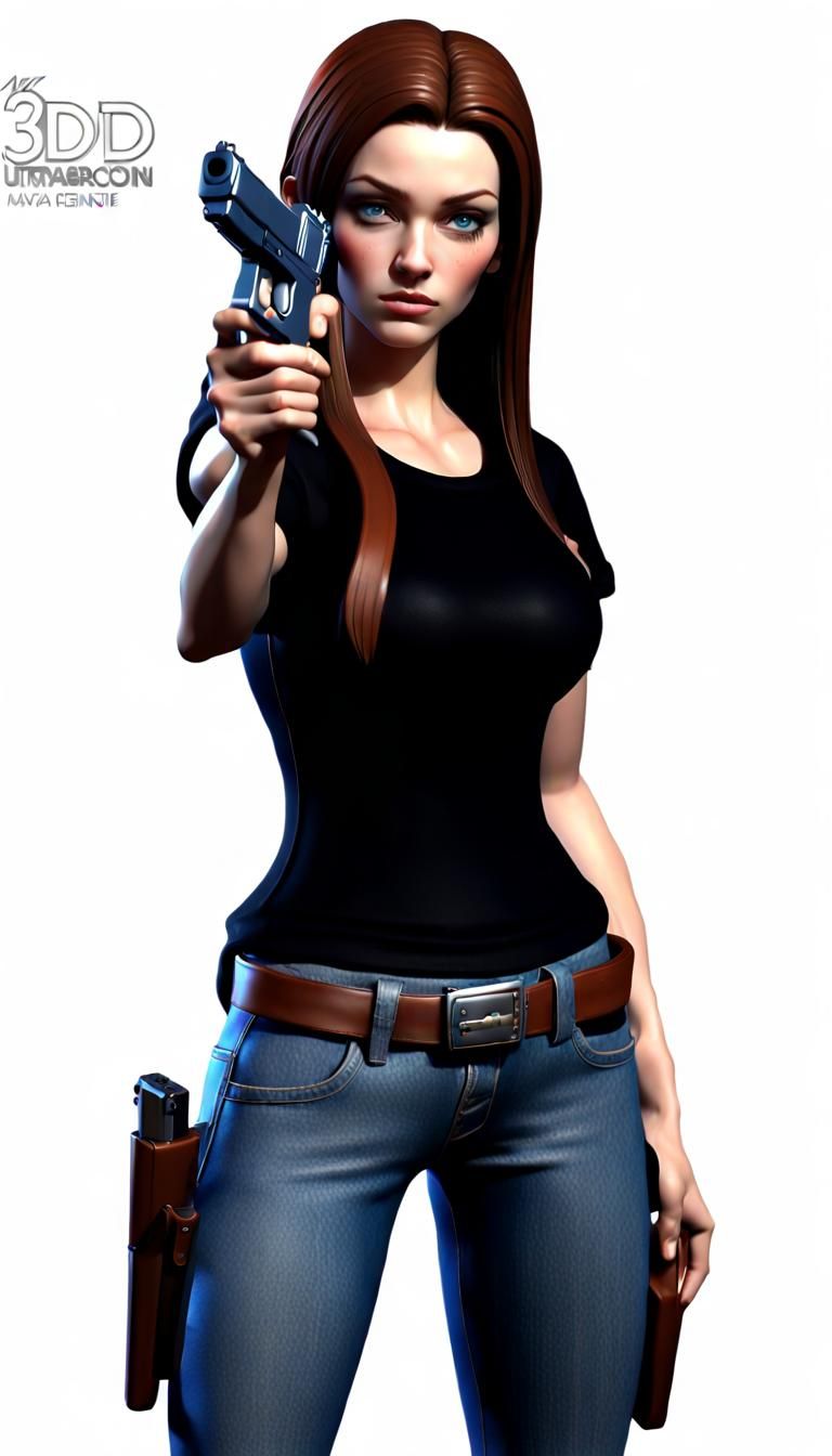 Brunette with Pistol: 3D Digital Art Character