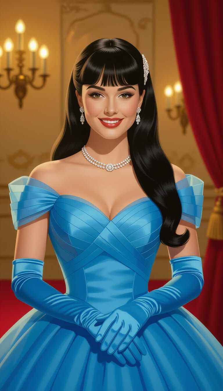 Elegant 1950s Woman in Blue Gown with Golden Light