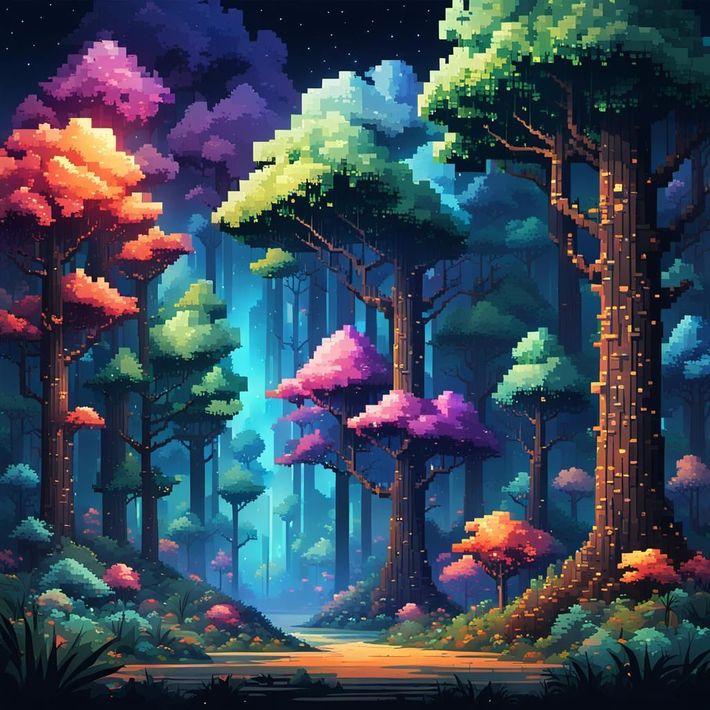 Pixelated Forest at Night: Hyperrealistic Game Art