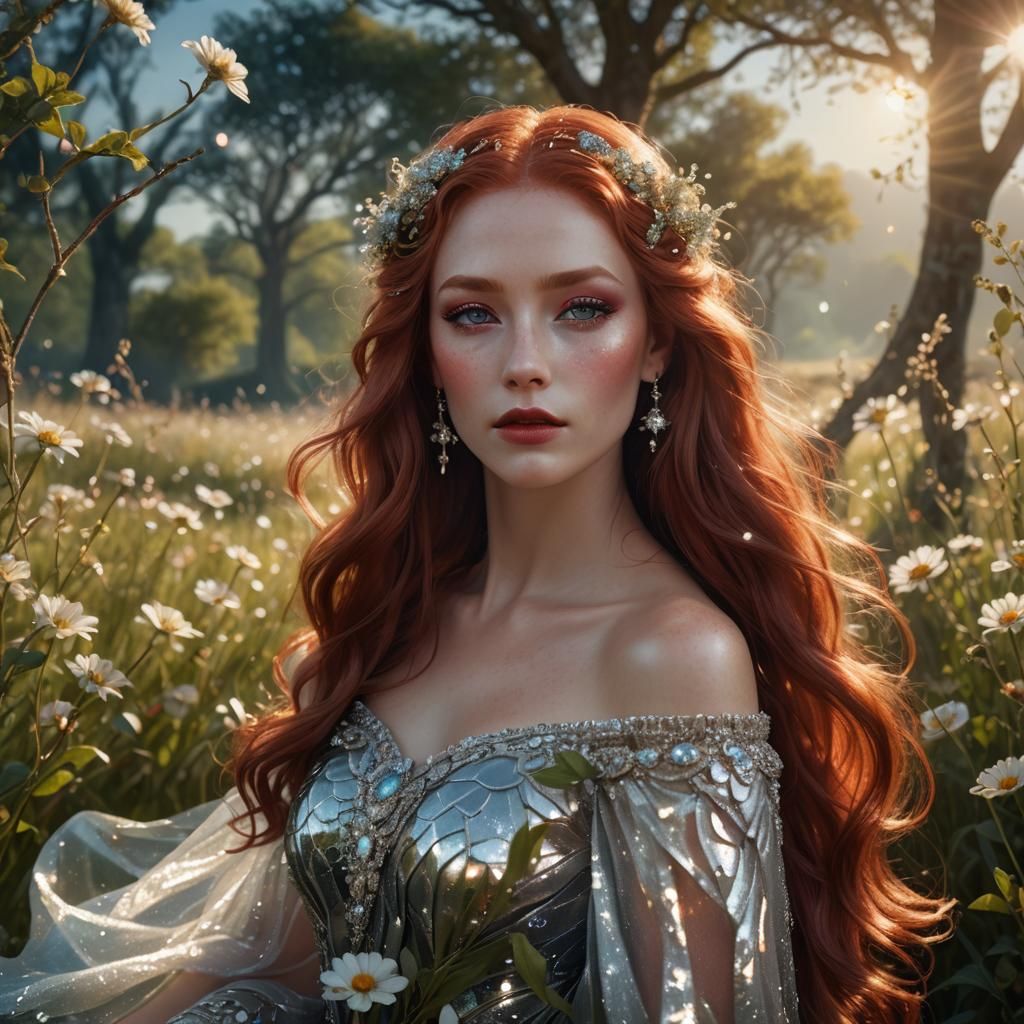 Goddess with Gem-Woven Hair in Sunlit Meadow
