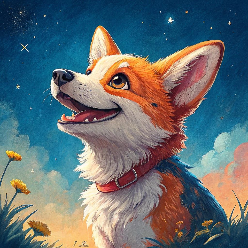 Chibi Calico Dog in Vibrant Summer Sky