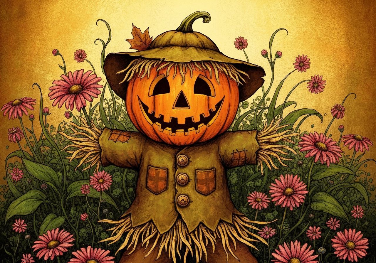 Whimsical Jack-o-Lantern Scarecrow in Autumn