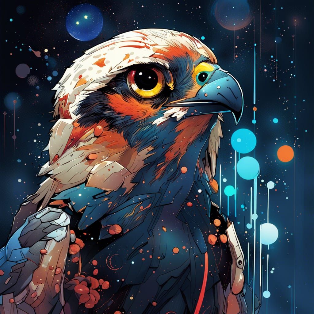 Constellation Falcon with Glowing Eyes in Anime Space