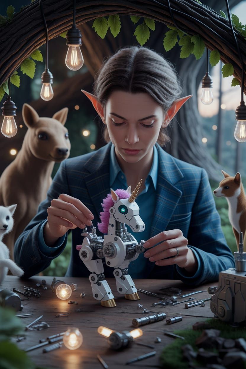 Surreal Woodland Inventor Crafts Cyberpunk Robot Unicorn Toy