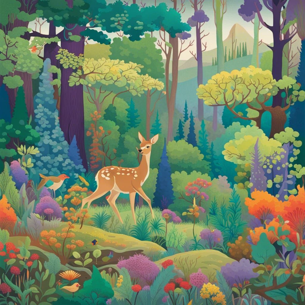 Lush Forest Scene in Abstract Cubist Style