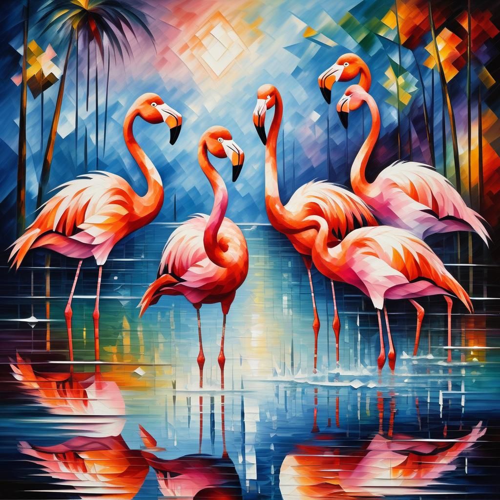 Flamingos in Cubism Style with Geometric Shapes