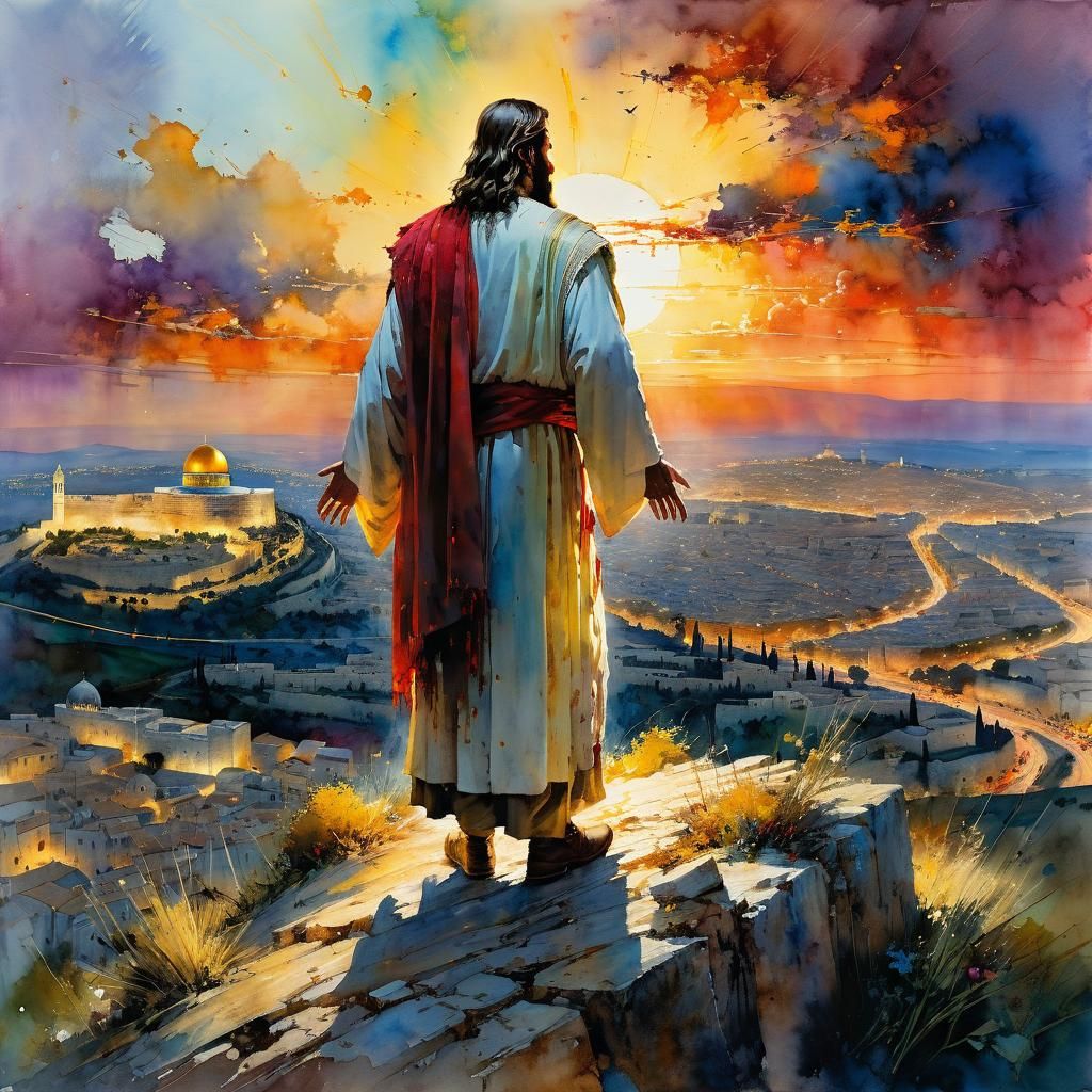 Jesus and Devil Overlooking Jerusalem in Watercolor