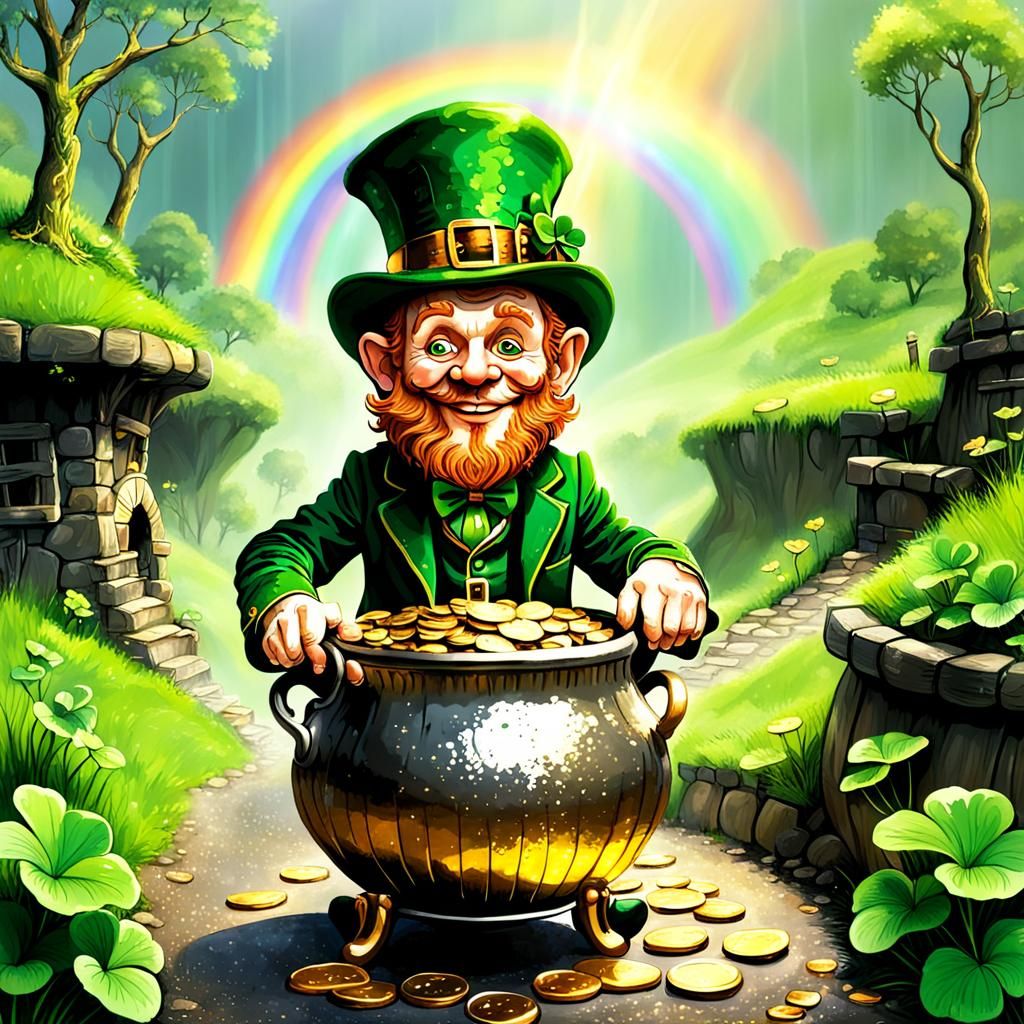 Whimsical Leprechaun with Pot of Gold