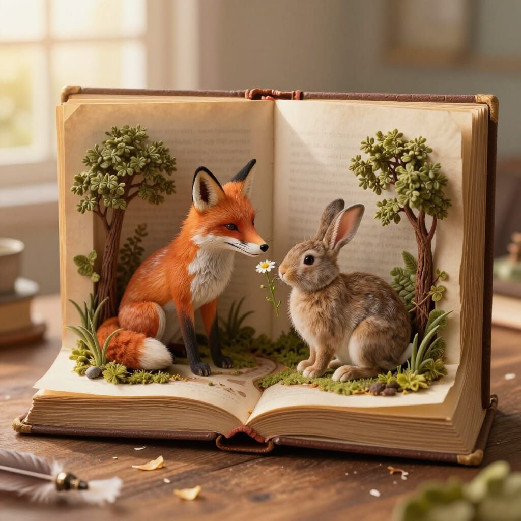 Fox and Rabbit Diorama in Antique Storybook