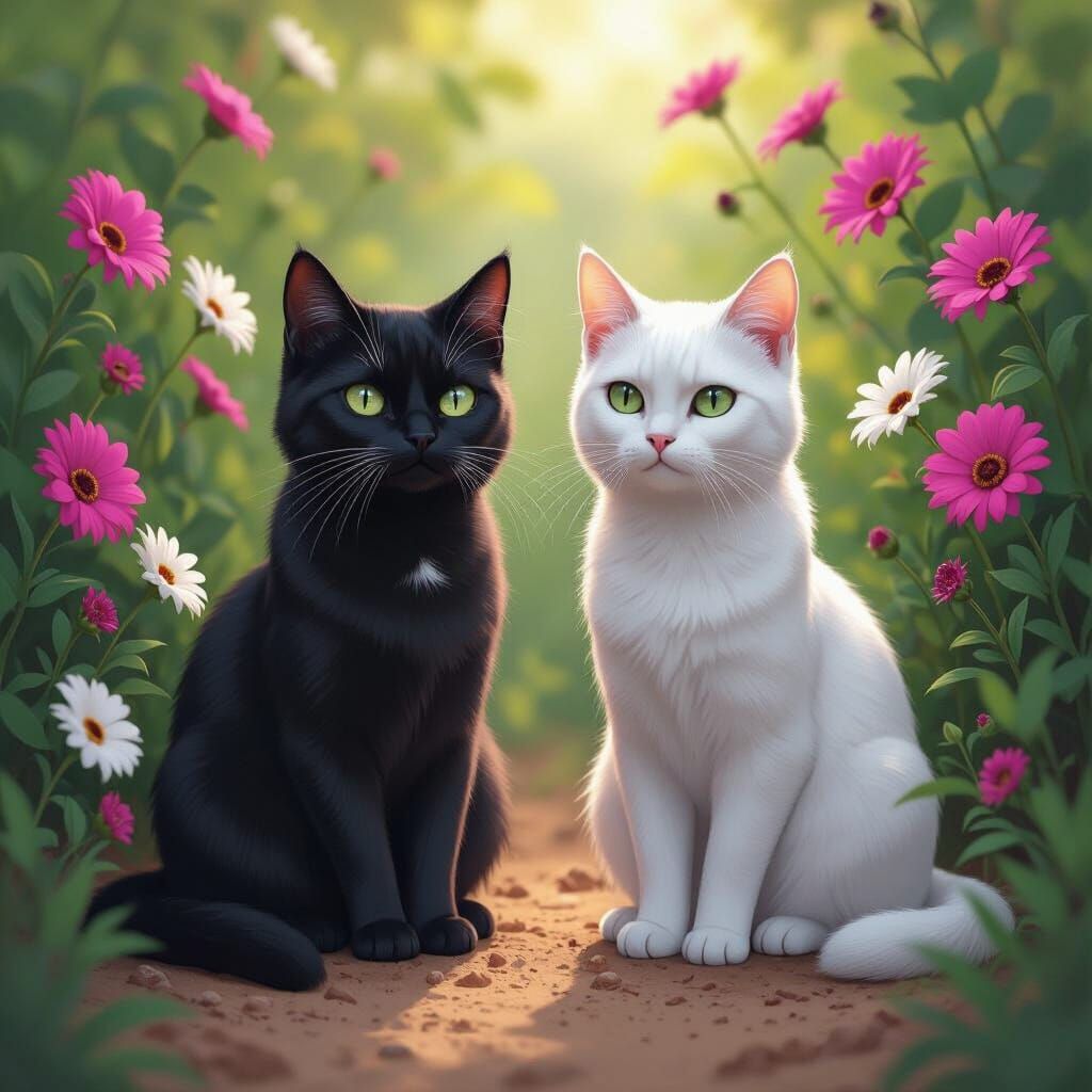 Black and White Cats in Floral Portrait, Digital Art