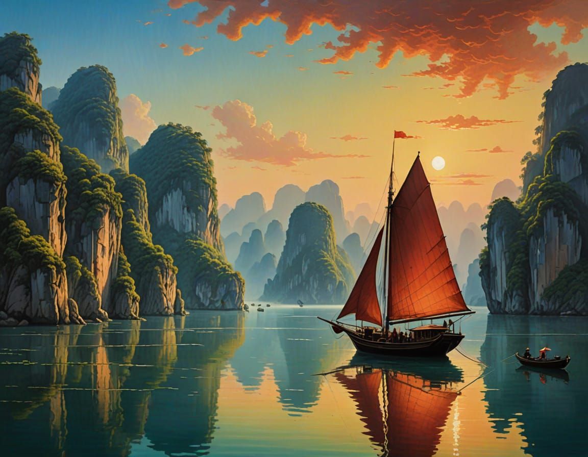 Sweeping Ha Long Bay Landscape in a Monet-Inspired Manner