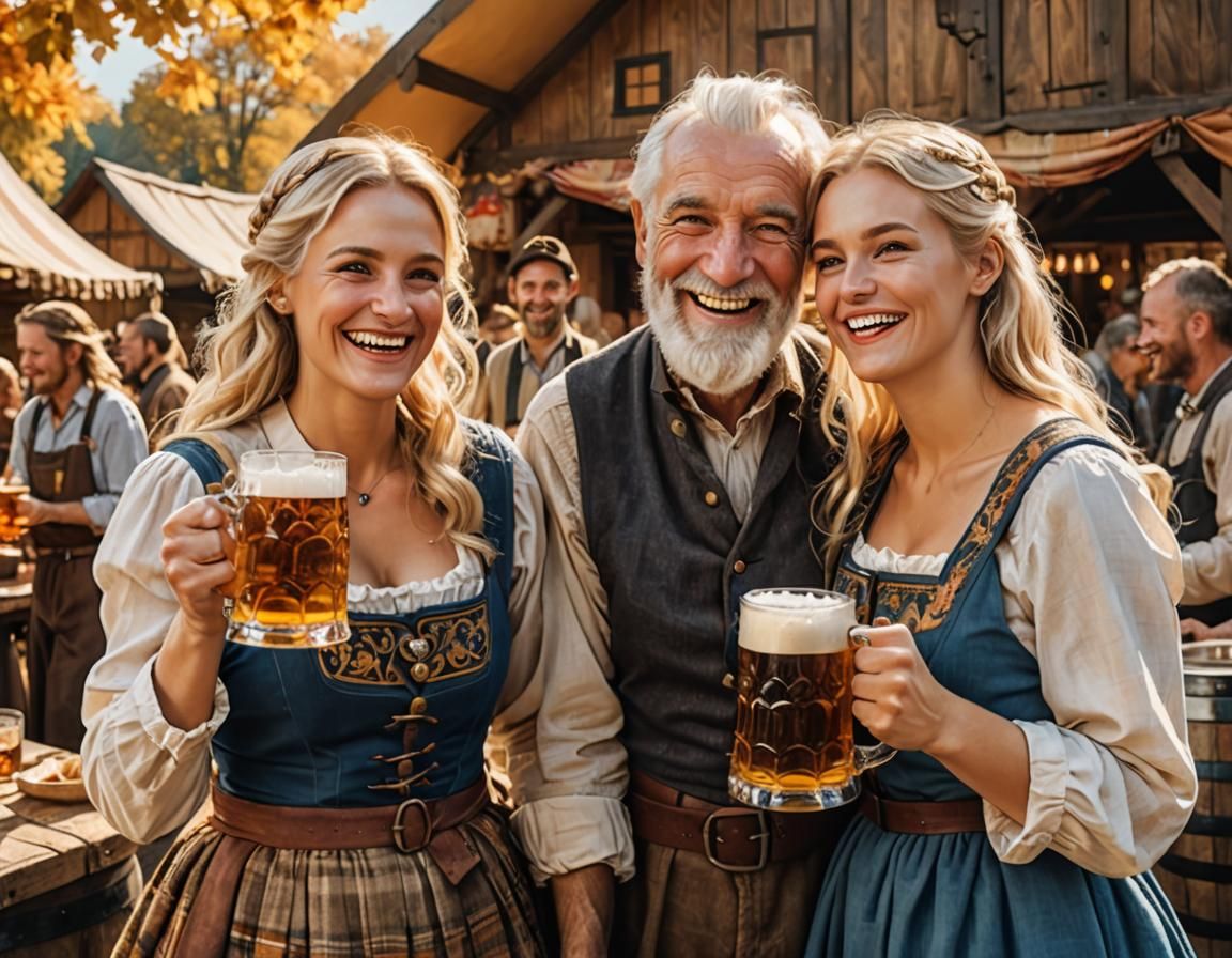 German Beer Garden Scene on Sunny Autumn Day