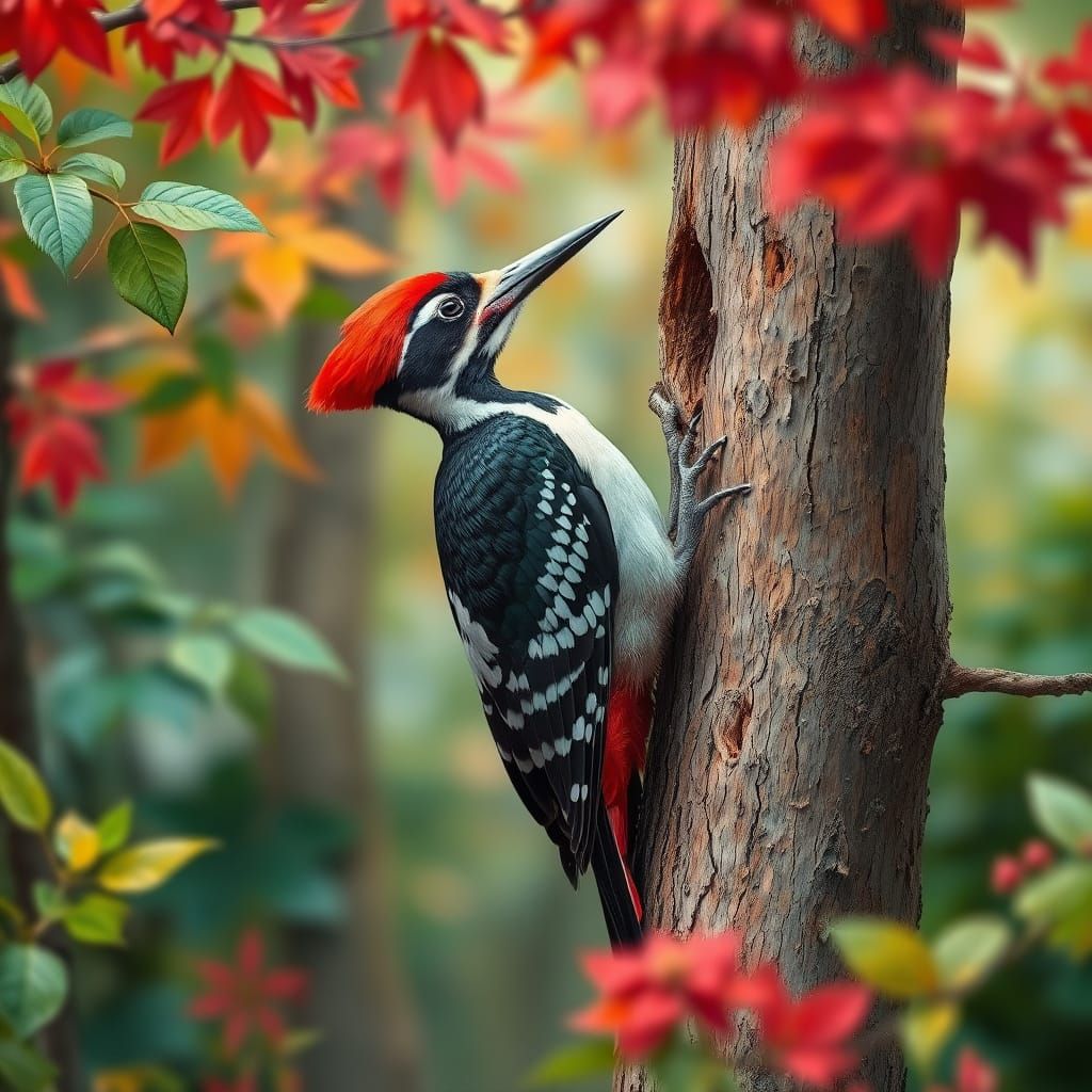 Pileated Woodpecker in Vibrant Forest, Digital Art