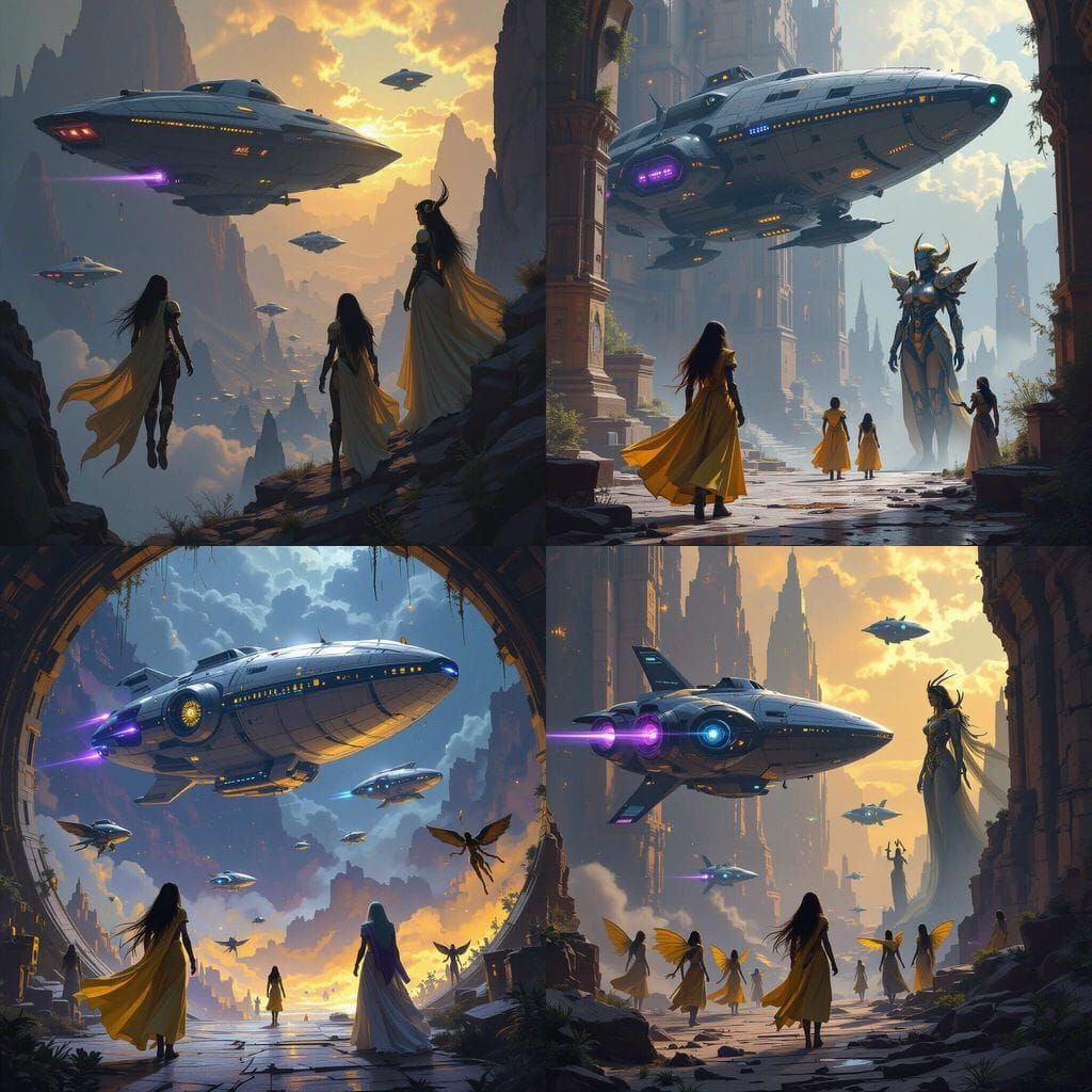 Spaceship Girl Battles Harpies and Giant Woman