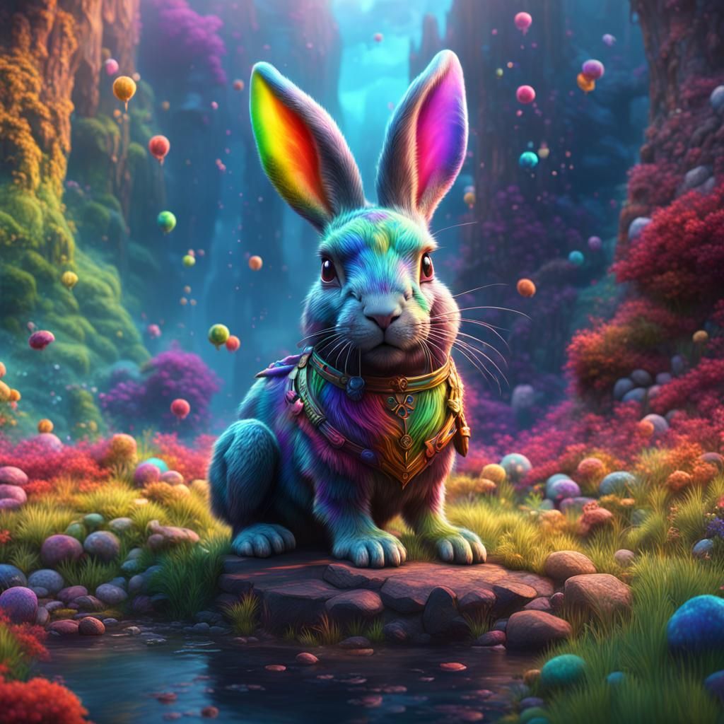 Rainbow Bunny: Detailed Matte Painting in Deep Color