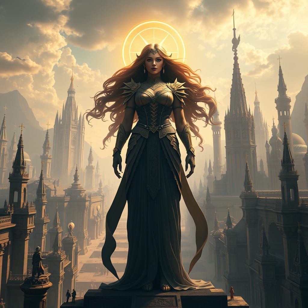Empowered Goddess in a Fantastical Cityscape