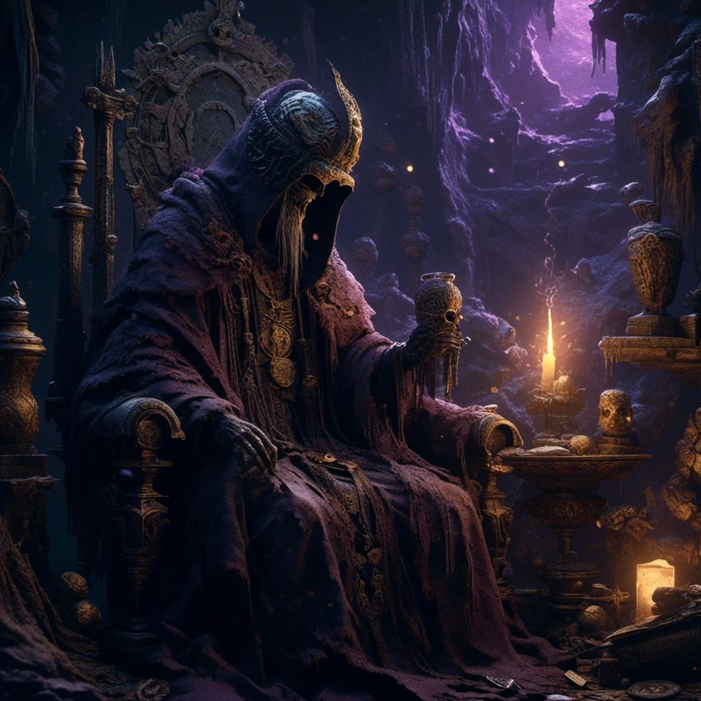 Mysterious Hierophant in Dimly Lit Sanctum