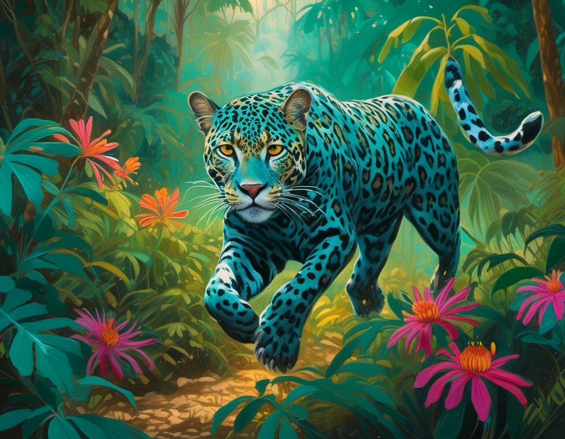Teal Jaguar Running Through a Lush Jungle