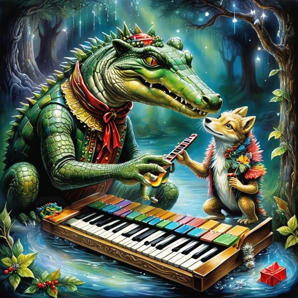Anthropomorphic Alligator and Wolf with Xylophone
