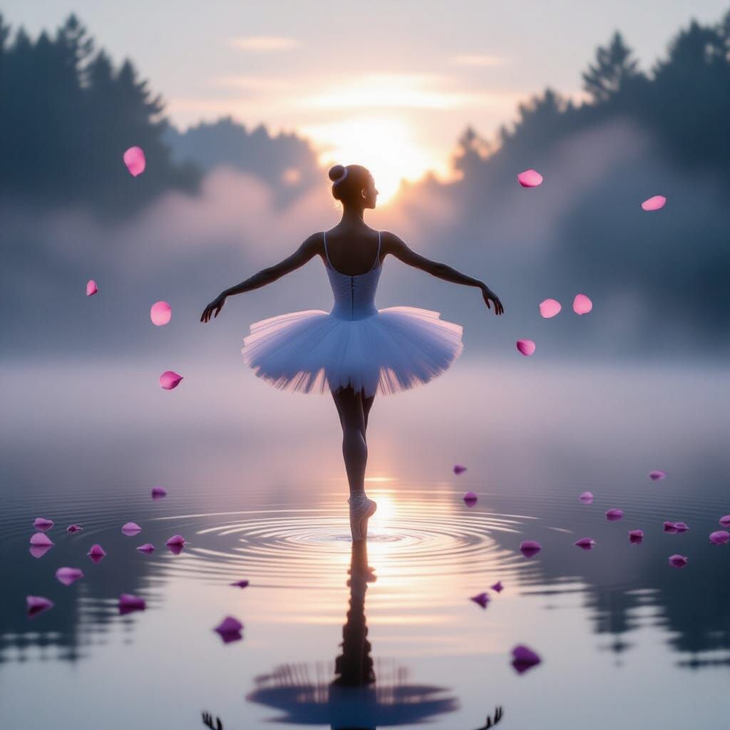 Ballerina on Misty Lake at Dawn, Cinematic Lighting