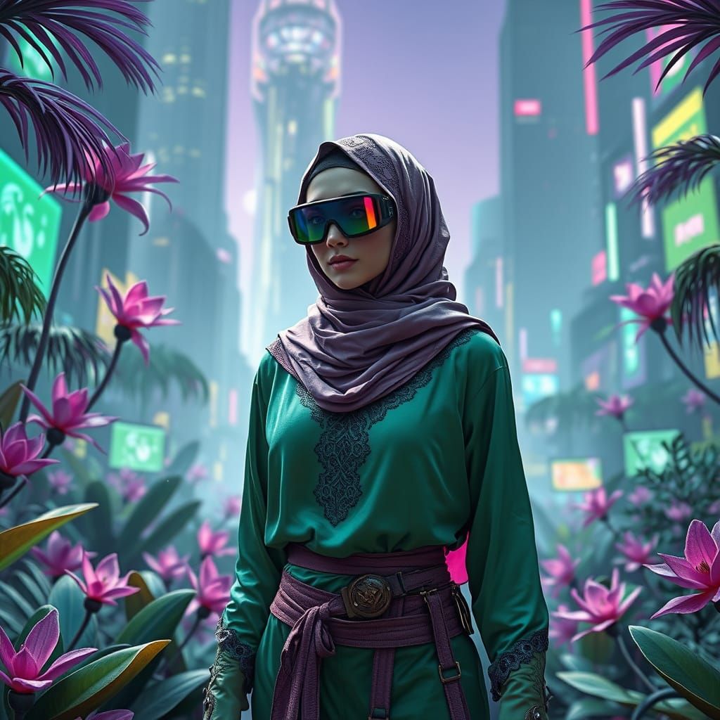 Cyberpunk Fremen Ninja in Vibrant Green Outfit and Silk Hija...