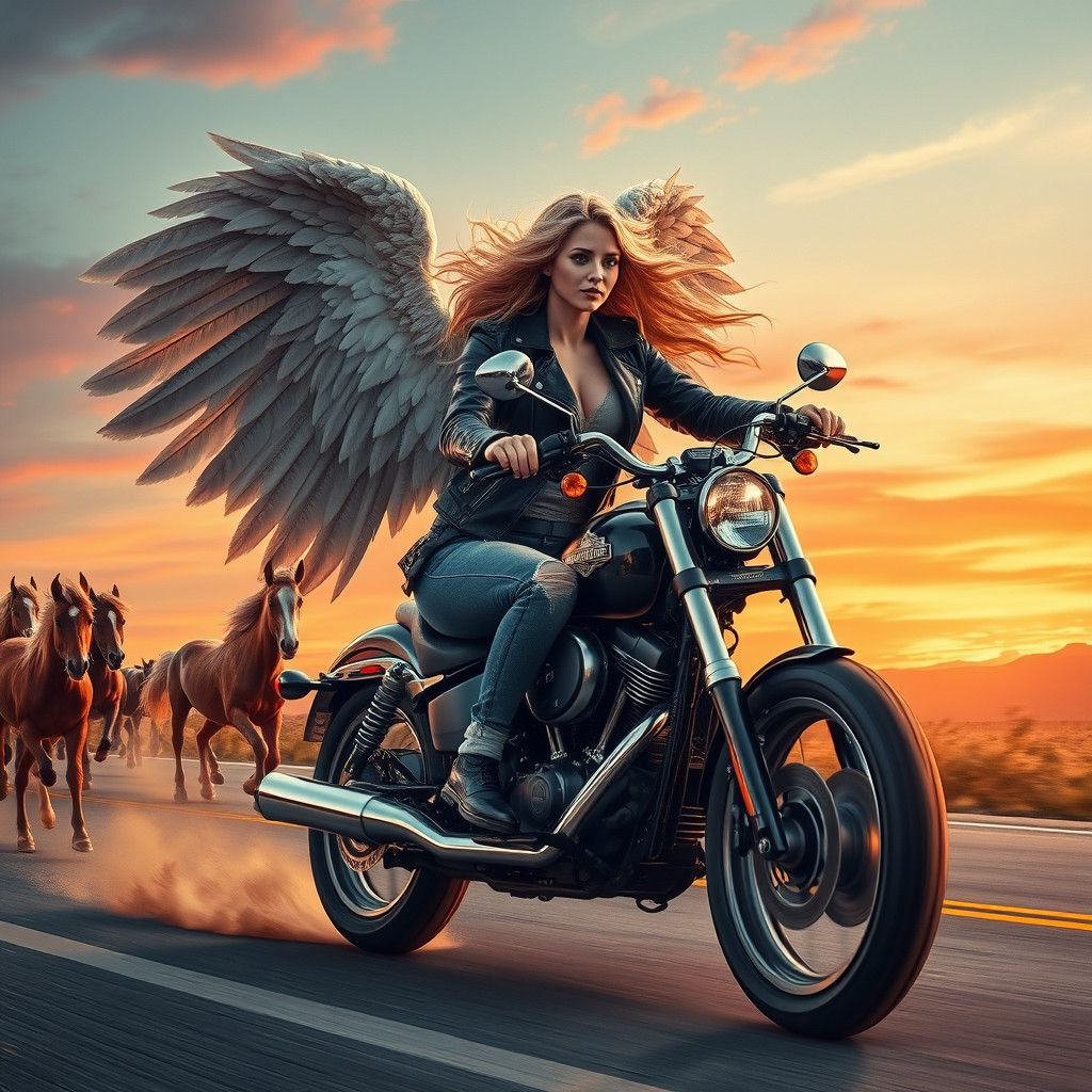 Angel on Harley Davidson Rides at Sunset