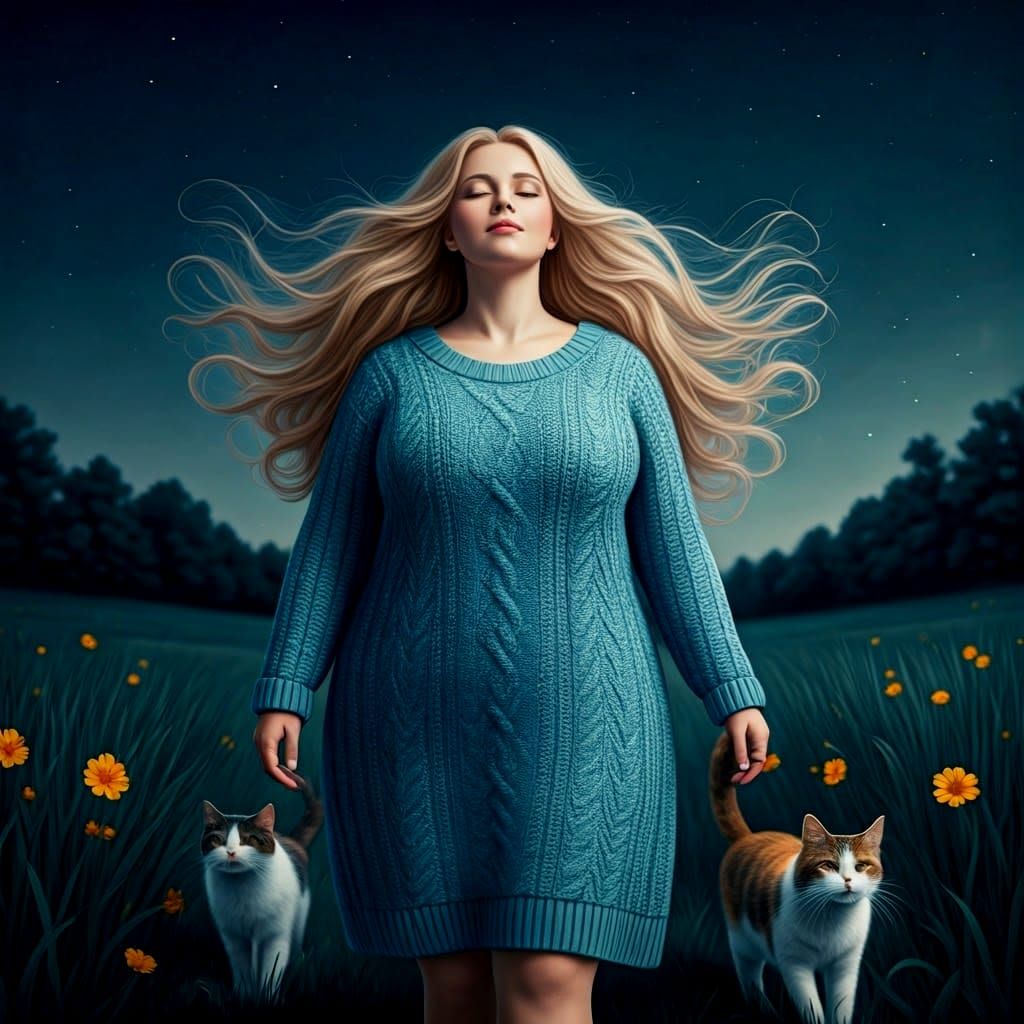 Woman and Cats Walking in Moonlit Field