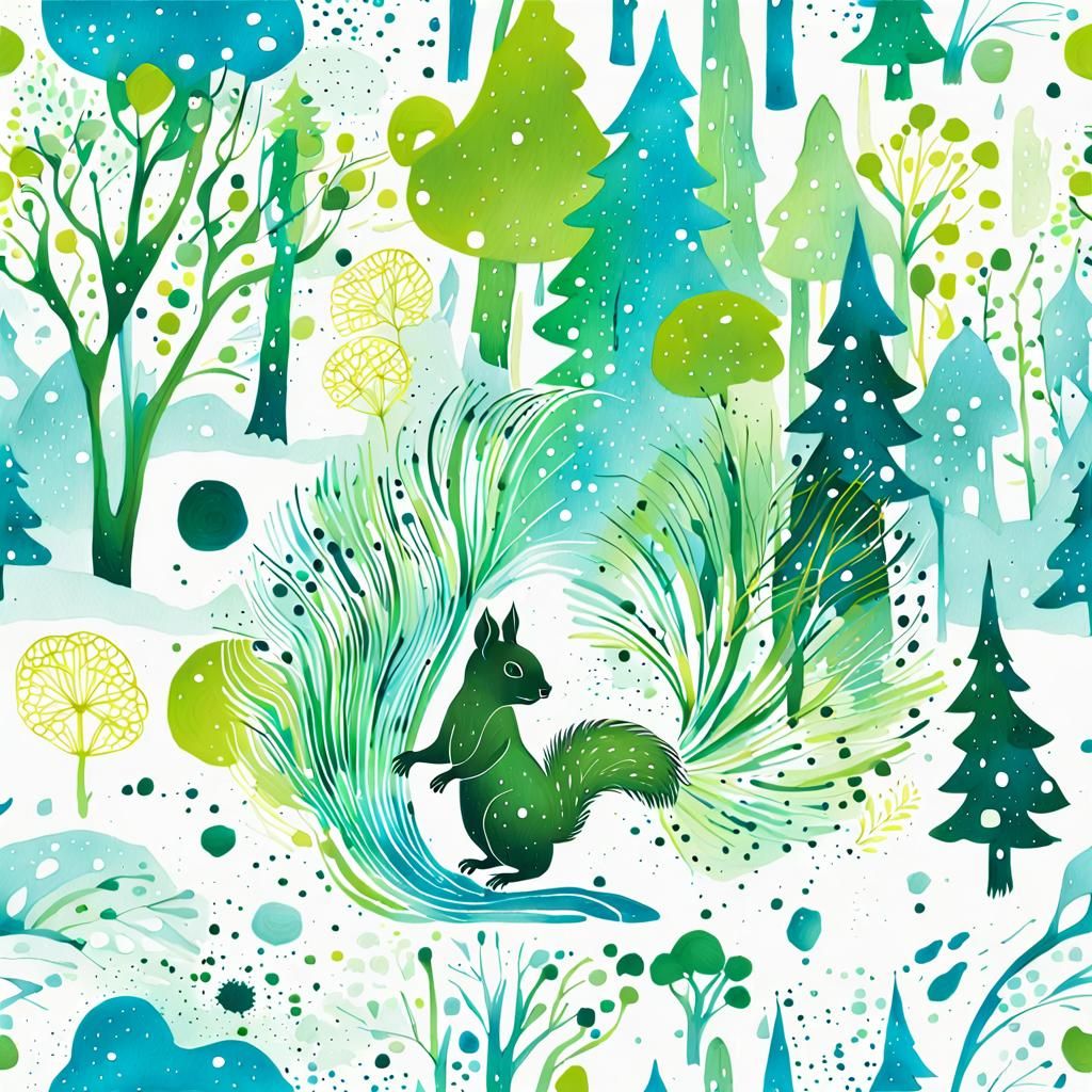 Abstract Rainforest Ink Drawing with Emerald and Amber