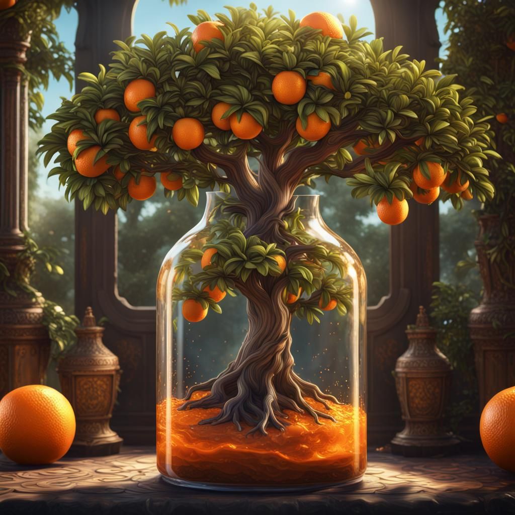 Bonsai Orange Tree in a Bottle: Digital Art