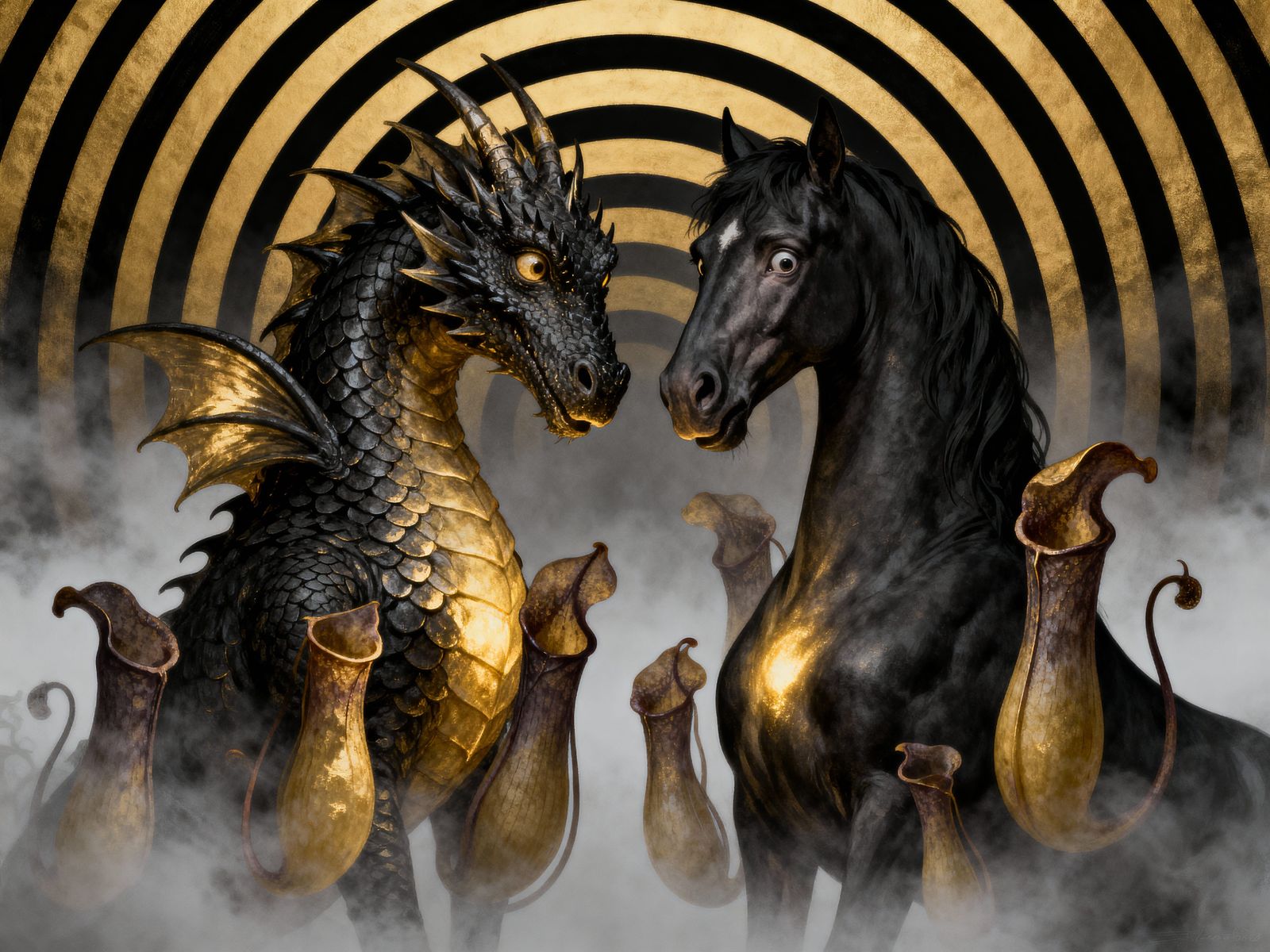 Hybrid Dragonfishhorse and Hydnora Mares in Misty Gradient