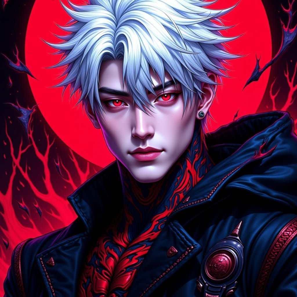 Handsome Korean Prince with White Hair and Red Eyes