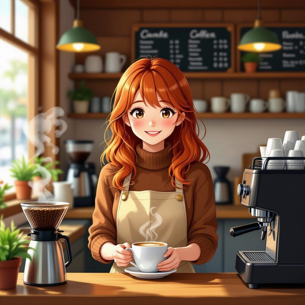 Red-Haired Barista Girl in Cozy Coffee Shop, Golden Light