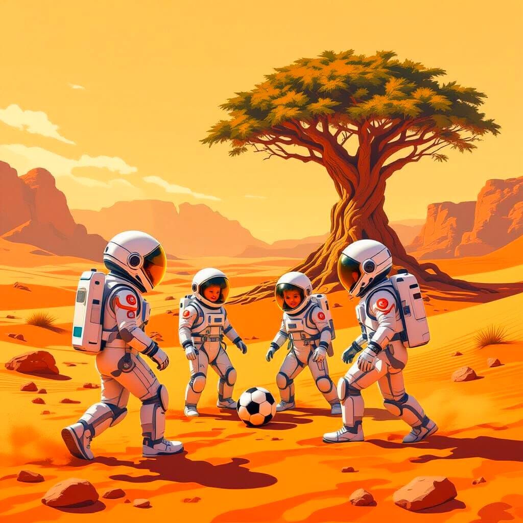 Children Play Soccer on Mars in Futuristic Space Suits