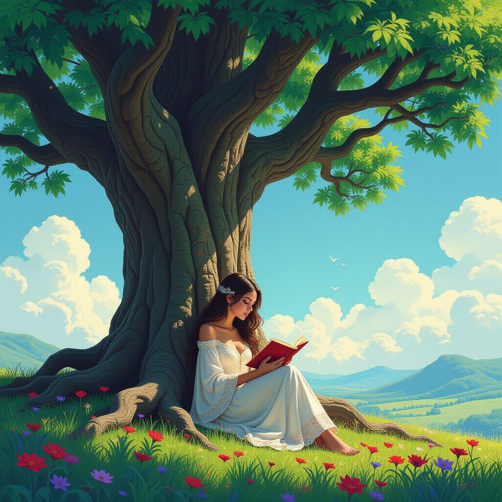 Mythical Tree with Reading Woman in Hyperrealistic Splash Ar...