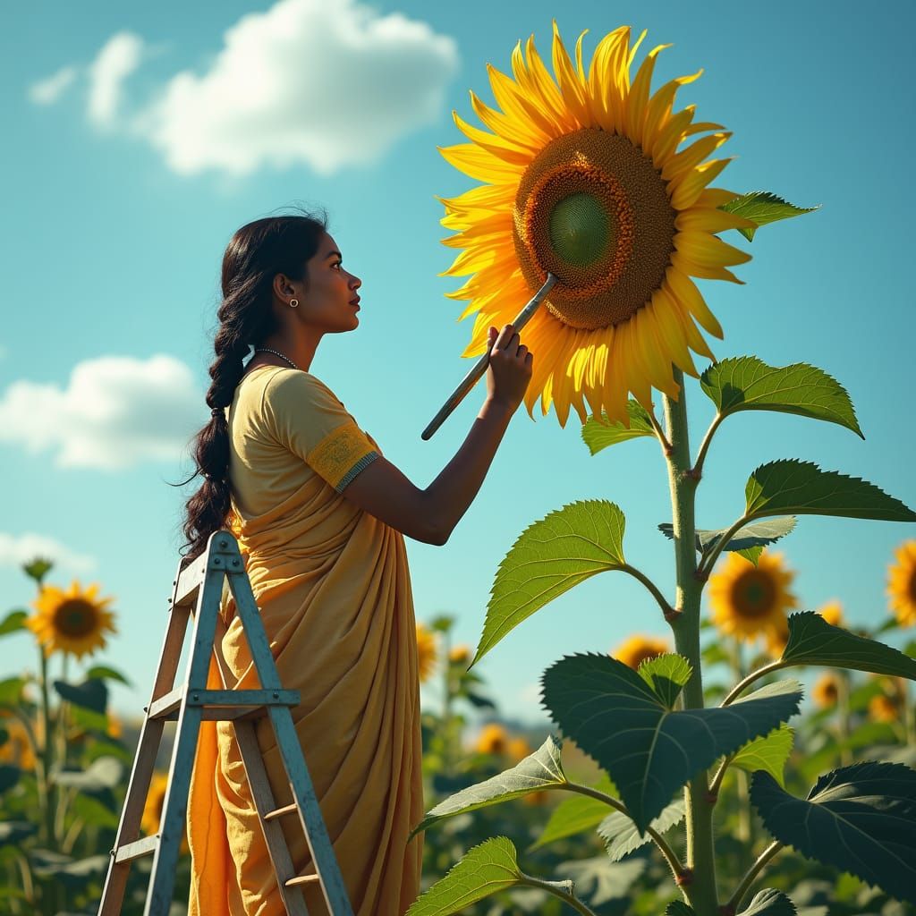 Woman Paints a Giant Sunflower in Cinematic Portrait