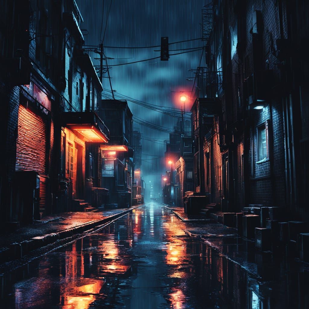 Film Noir Town in Rainy, Gritty Digital Art