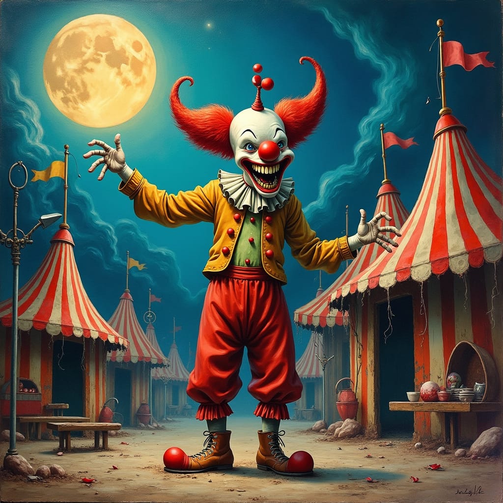 Grotesque Clown in Dilapidated Circus: Impasto Style