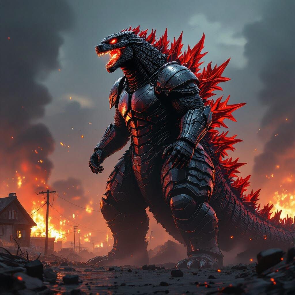 Armored Godzilla Destroys Town in Biomechanical Style