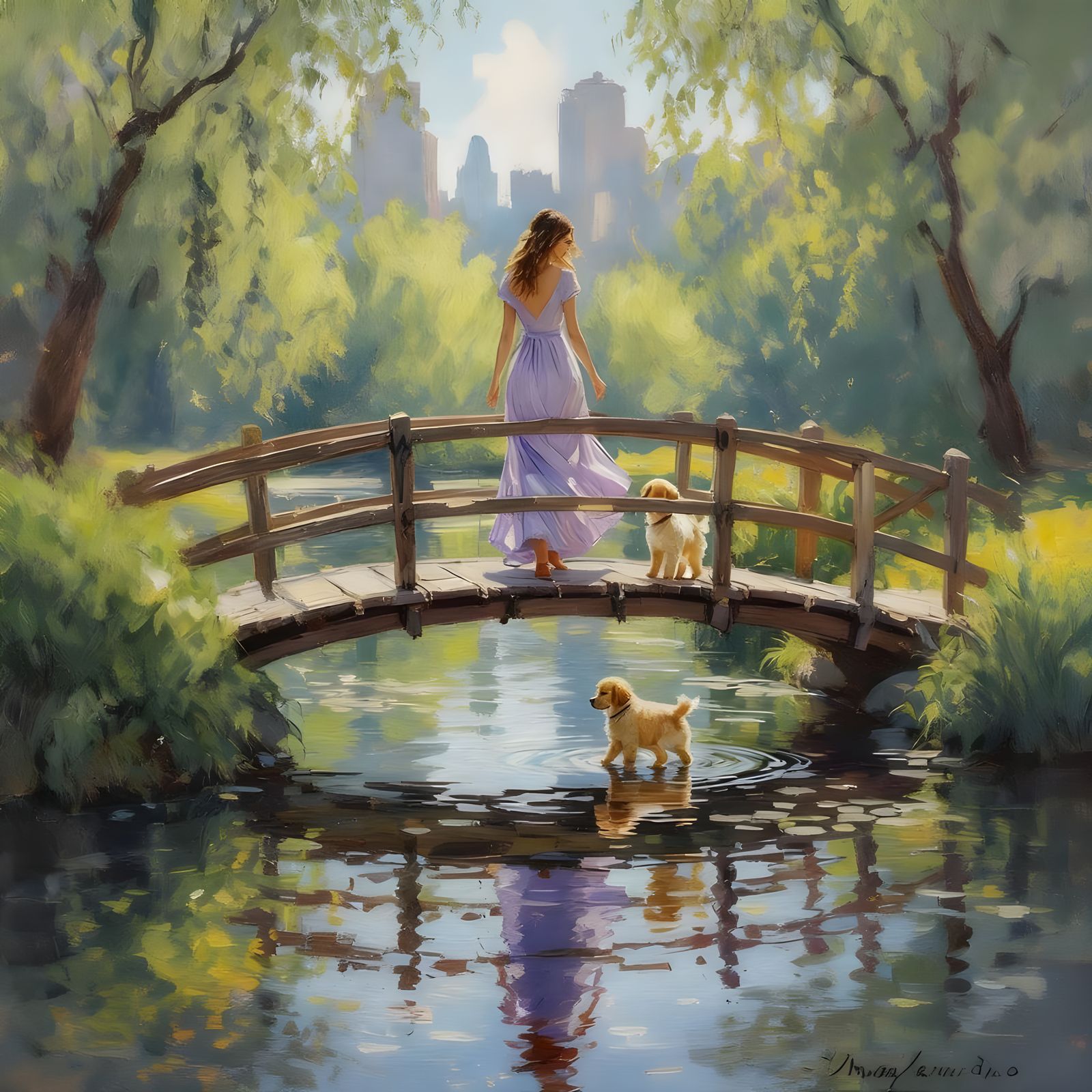 Girl with Puppy Crosses Bridge Over City Park Lake