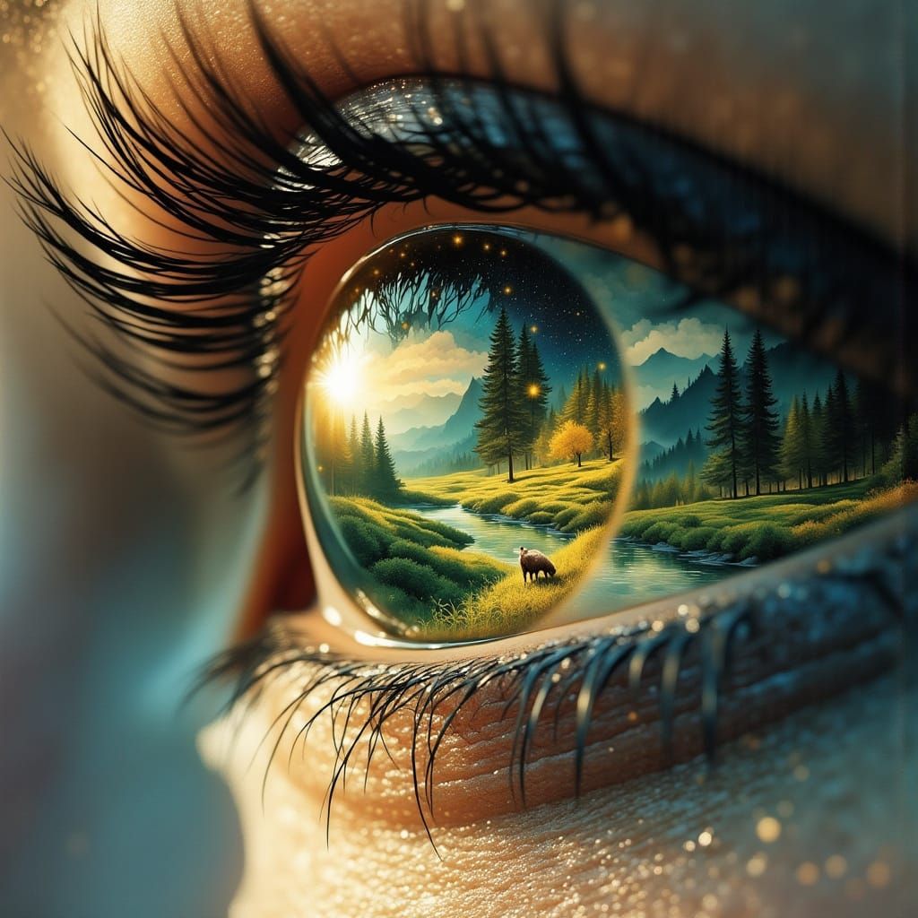Hyperrealistic Eye Merges with River Valley at Golden Hour