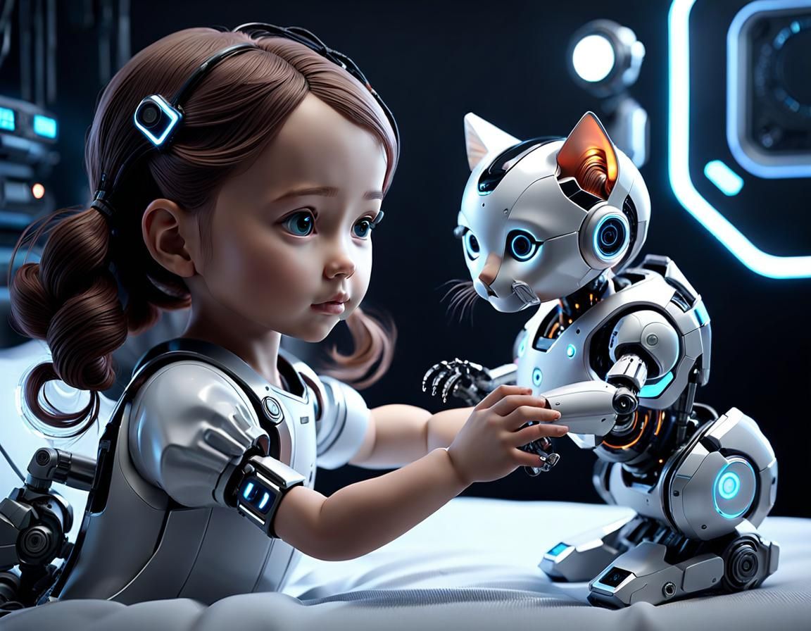 Girl with Robotic Kitten in Futuristic Bedroom