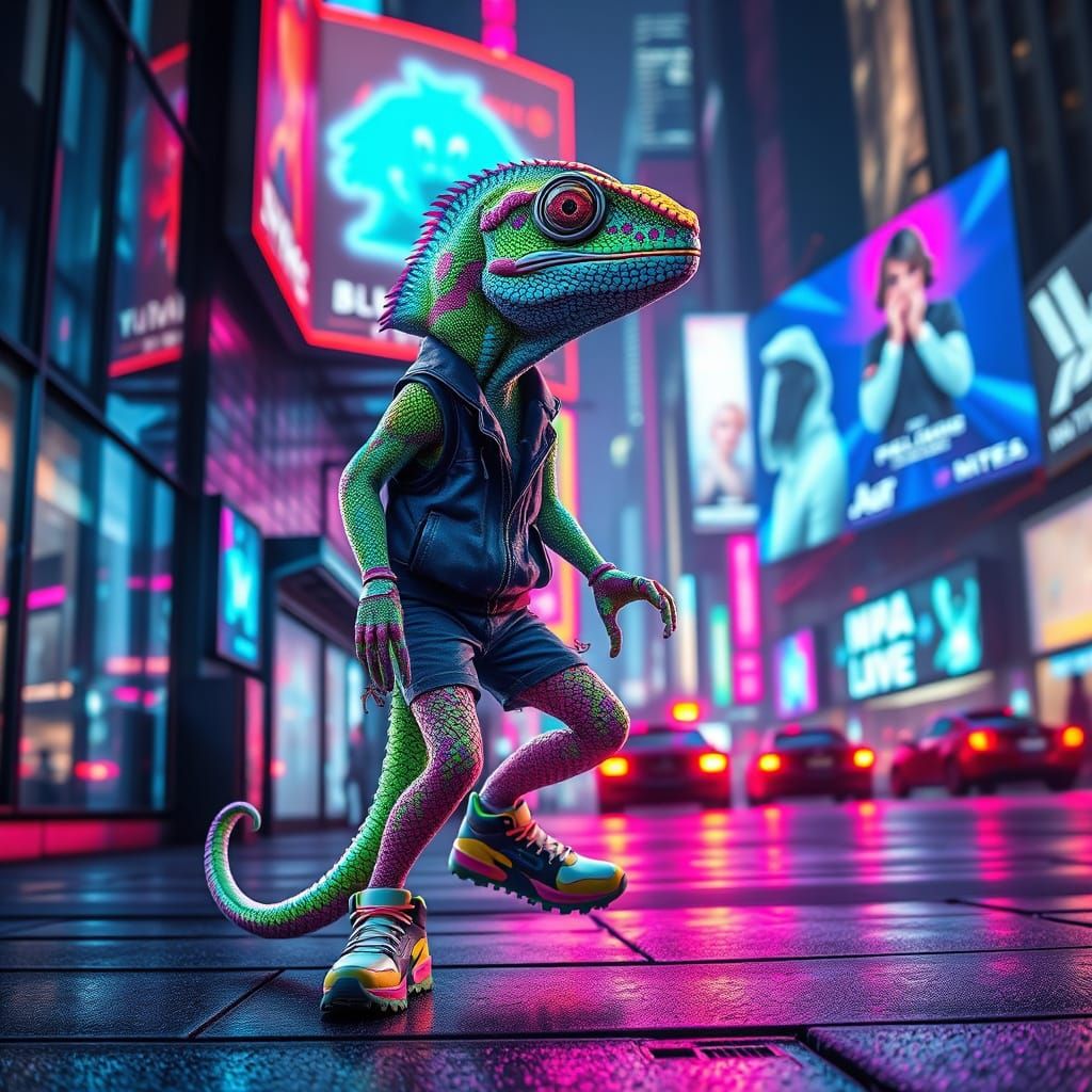 Futuristic Chameleon Strutting Through Neon Cityscape