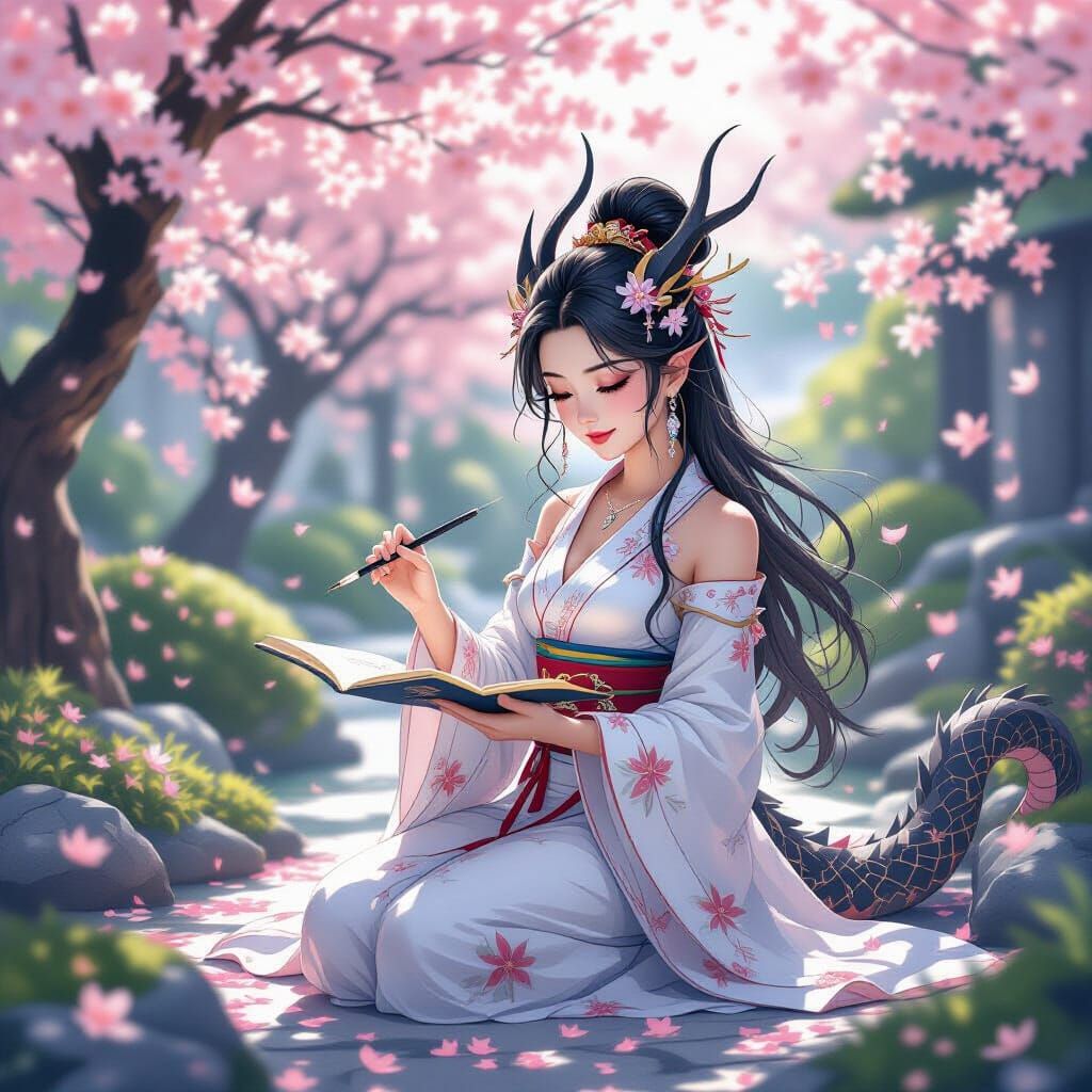 Dragon-Woman Practicing Calligraphy in Serene Garden