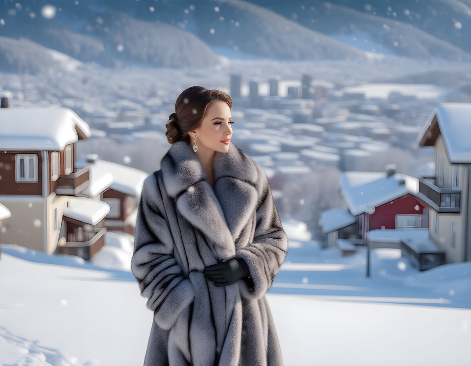 Woman in Fur Coat Walks Through Snowy City